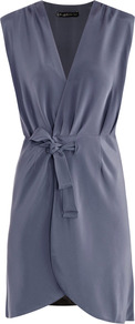 Silk Wrap Dress - style: faux wrap/wrap; length: mid thigh; neckline: low v-neck; fit: fitted at waist; pattern: plain; sleeve style: sleeveless; waist detail: belted waist/tie at waist/drawstring; predominant colour: mid grey; occasions: evening, work, occasion, holiday; hip detail: soft pleats at hip/draping at hip/flared at hip; back detail: longer hem at back than at front; sleeve length: sleeveless; texture group: silky - light; pattern type: fabric; fibres: silk - stretch