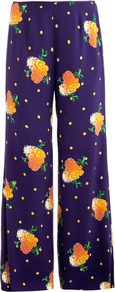 Floral Print Wide Leg Trousers - length: standard; style: palazzo; waist: mid/regular rise; predominant colour: navy; secondary colour: bright orange; occasions: casual; fibres: viscose/rayon - 100%; texture group: cotton feel fabrics; fit: wide leg; pattern type: fabric; pattern size: big & busy; pattern: patterned/print