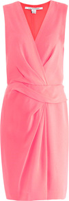Beyatta Dress - style: faux wrap/wrap; neckline: v-neck; fit: tailored/fitted; pattern: plain; sleeve style: sleeveless; predominant colour: pink; occasions: evening, work, occasion; length: just above the knee; fibres: polyester/polyamide - mix; sleeve length: sleeveless; trends: fluorescent; texture group: other - light to midweight