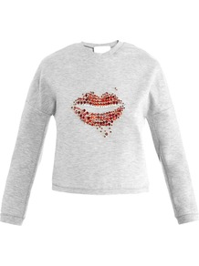 Lips Embellished Sweater - pattern: plain; bust detail: added detail/embellishment at bust; style: standard; secondary colour: true red; predominant colour: light grey; occasions: casual; length: standard; fibres: polyester/polyamide - stretch; fit: slim fit; neckline: crew; sleeve length: long sleeve; sleeve style: standard; pattern type: fabric; texture group: jersey - stretchy/drapey; embellishment: crystals