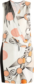 Jaime Dress - style: faux wrap/wrap; length: mid thigh; neckline: v-neck; sleeve style: sleeveless; predominant colour: white; secondary colour: coral; occasions: evening, occasion; fit: body skimming; fibres: silk - 100%; sleeve length: sleeveless; texture group: silky - light; pattern type: fabric; pattern size: standard; pattern: patterned/print