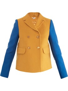 Textured Double Breasted Jacket - length: standard; style: double breasted; collar: standard lapel/rever collar; shoulder detail: contrast pattern/fabric at shoulder; secondary colour: diva blue; predominant colour: mustard; occasions: casual, work; fit: tailored/fitted; fibres: cotton - 100%; back detail: back vent/flap at back; sleeve length: long sleeve; sleeve style: standard; texture group: cotton feel fabrics; collar break: medium; pattern type: fabric; pattern size: standard; pattern: colourblock