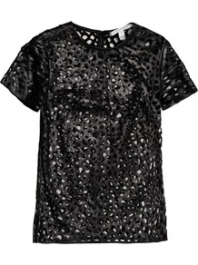 Sade Laser Cut Leather Top - neckline: round neck; pattern: plain; predominant colour: black; occasions: evening; length: standard; style: top; fibres: leather - 100%; fit: straight cut; sleeve length: short sleeve; sleeve style: standard; texture group: leather; pattern type: fabric