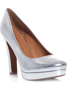 Metallic Leather Pumps - predominant colour: silver; occasions: evening, occasion, holiday; material: leather; heel height: high; heel: platform; toe: round toe; style: courts; trends: metallics; finish: metallic; pattern: plain