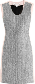 Katherine Tweed Dress - style: shift; length: mid thigh; neckline: v-neck; fit: tailored/fitted; pattern: plain; sleeve style: sleeveless; predominant colour: light grey; occasions: casual, work, occasion; fibres: polyester/polyamide - stretch; sleeve length: sleeveless; pattern type: fabric; texture group: tweed - light/midweight