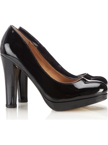 Black Block Heel Court Shoe - predominant colour: black; occasions: evening, work, occasion; material: faux leather; heel: standard; toe: round toe; style: courts; finish: patent; pattern: plain; heel height: very high