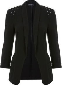 Black Stud Blazer - pattern: plain; style: single breasted blazer; collar: shawl/waterfall; length: below the bottom; predominant colour: black; occasions: casual, evening; fit: tailored/fitted; fibres: polyester/polyamide - stretch; shoulder detail: added shoulder detail; sleeve length: 3/4 length; sleeve style: standard; collar break: low/open; pattern type: fabric; texture group: woven light midweight; embellishment: studs
