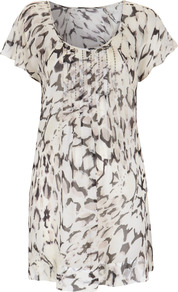 Lottie Print Pintuck Tunic - length: below the bottom; style: tunic; predominant colour: ivory; secondary colour: mid grey; occasions: casual, holiday; neckline: scoop; fibres: viscose/rayon - 100%; fit: loose; sleeve length: short sleeve; sleeve style: standard; texture group: sheer fabrics/chiffon/organza etc.; pattern type: fabric; pattern size: standard; pattern: patterned/print