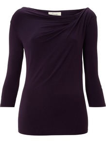 Women's 3/4 Sleeve Twist Cowl Top, Violet - neckline: cowl/draped neck; pattern: plain; bust detail: ruching/gathering/draping/layers/pintuck pleats at bust; predominant colour: navy; occasions: casual, work; length: standard; style: top; fibres: viscose/rayon - stretch; fit: body skimming; sleeve length: 3/4 length; sleeve style: standard; pattern type: fabric; texture group: jersey - stretchy/drapey