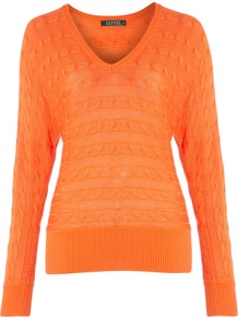 Cable Knit V Neck Jumper, Orange - neckline: v-neck; style: standard; pattern: cable knit; predominant colour: bright orange; occasions: casual, work; length: standard; fibres: cotton - 100%; fit: standard fit; sleeve length: long sleeve; sleeve style: standard; texture group: knits/crochet; pattern type: knitted - fine stitch; pattern size: standard