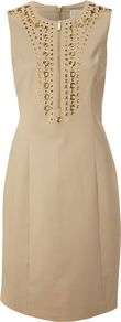 Women's Sleeveless Embellished Shift Dress, Light Brown - style: shift; fit: tailored/fitted; pattern: plain; sleeve style: sleeveless; bust detail: added detail/embellishment at bust; predominant colour: camel; secondary colour: gold; occasions: evening, occasion; length: just above the knee; neckline: crew; shoulder detail: added shoulder detail; sleeve length: sleeveless; texture group: silky - light; pattern type: fabric; embellishment: studs; fibres: silk - stretch