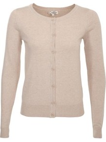 Stone Crew Neck Knitted Cardigan - neckline: round neck; pattern: plain; predominant colour: stone; occasions: casual, work; length: standard; style: standard; fibres: cotton - mix; fit: slim fit; sleeve length: long sleeve; sleeve style: standard; texture group: knits/crochet; pattern type: knitted - other
