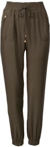 Olive Green Zip Pocket Joggers - pattern: plain; waist detail: elasticated waist; waist: high rise; predominant colour: khaki; occasions: casual, evening; length: ankle length; fibres: viscose/rayon - 100%; texture group: silky - light; fit: slim leg; pattern type: fabric; style: standard
