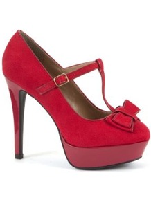 Red Bow Bar Platform Court Shoes - predominant colour: true red; occasions: casual, evening, work, occasion; material: fabric; heel: platform; toe: round toe; style: t-bar; finish: plain; pattern: plain; embellishment: bow; heel height: very high