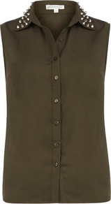 Khaki Studded Collar Shirt - neckline: shirt collar/peter pan/zip with opening; pattern: plain; sleeve style: sleeveless; bust detail: added detail/embellishment at bust; style: shirt; predominant colour: khaki; occasions: casual; length: standard; fibres: polyester/polyamide - 100%; fit: straight cut; sleeve length: sleeveless; pattern type: fabric; texture group: other - light to midweight; embellishment: studs