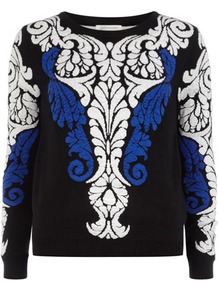 Black Damask Jumper - style: standard; secondary colour: royal blue; occasions: casual, work; length: standard; fibres: cotton - 100%; fit: standard fit; neckline: crew; sleeve length: long sleeve; sleeve style: standard; texture group: knits/crochet; predominant colour: monochrome; pattern type: knitted - other; pattern size: big & busy; pattern: patterned/print