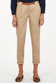 Sateen Slim Leg Trouser - pattern: plain; waist detail: belted waist/tie at waist/drawstring; waist: mid/regular rise; predominant colour: stone; occasions: casual; length: calf length; style: chino; fibres: cotton - stretch; hip detail: front pleats at hip level; texture group: cotton feel fabrics; fit: slim leg; pattern type: fabric