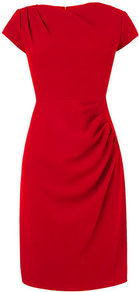 Sabrina Tailored Pleat Dress Red Lipstick - style: shift; fit: tailored/fitted; pattern: plain; waist detail: twist front waist detail/nipped in at waist on one side/soft pleats/draping/ruching/gathering waist detail; predominant colour: true red; occasions: evening, occasion; length: just above the knee; fibres: polyester/polyamide - stretch; neckline: crew; sleeve length: short sleeve; sleeve style: standard; trends: glamorous day shifts; texture group: other - light to midweight