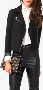 Lace Moto Jacket - pattern: plain; style: biker; collar: asymmetric biker; predominant colour: black; occasions: casual, evening; length: standard; fit: tailored/fitted; fibres: cotton - mix; sleeve length: long sleeve; sleeve style: standard; texture group: lace; collar break: medium; pattern type: fabric; embellishment: lace