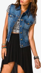 Sandblasted Denim Vest - pattern: plain; sleeve style: sleeveless; style: denim; predominant colour: denim; occasions: casual; length: standard; fit: straight cut (boxy); fibres: cotton - stretch; collar: shirt collar/peter pan/zip with opening; sleeve length: sleeveless; texture group: denim; collar break: high/illusion of break when open; pattern type: fabric