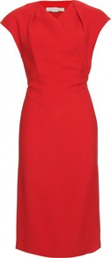 Draped Dress With Cut Out - style: faux wrap/wrap; neckline: v-neck; sleeve style: capped; fit: tailored/fitted; pattern: plain; back detail: low cut/open back; bust detail: ruching/gathering/draping/layers/pintuck pleats at bust; predominant colour: true red; occasions: evening, occasion; length: on the knee; fibres: viscose/rayon - 100%; sleeve length: short sleeve; texture group: crepes; pattern type: fabric