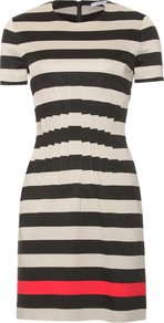 Yazmine Striped Dress - style: shift; length: mid thigh; fit: tailored/fitted; pattern: striped; waist detail: twist front waist detail/nipped in at waist on one side/soft pleats/draping/ruching/gathering waist detail; secondary colour: white; predominant colour: black; occasions: casual, occasion; fibres: viscose/rayon - stretch; neckline: crew; sleeve length: short sleeve; sleeve style: standard; pattern type: fabric; pattern size: standard; texture group: jersey - stretchy/drapey