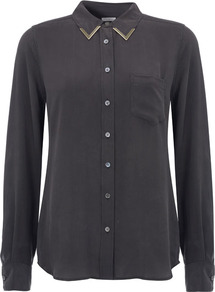 Black Brett Plated Collar Silk Shirt - neckline: shirt collar/peter pan/zip with opening; sleeve style: extended cuff; pattern: plain; style: shirt; bust detail: pocket detail at bust; secondary colour: gold; predominant colour: black; occasions: casual, evening, work; length: standard; fibres: silk - 100%; fit: straight cut; hip detail: dip hem; sleeve length: extra long; texture group: silky - light; pattern type: fabric; embellishment: chain/metal