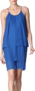 Satya Dress - style: shift; sleeve style: spaghetti straps; fit: loose; pattern: plain; predominant colour: royal blue; occasions: evening, holiday; length: just above the knee; neckline: scoop; fibres: polyester/polyamide - 100%; back detail: keyhole/peephole detail at back; sleeve length: sleeveless; texture group: crepes; hip detail: ruffles/tiers/tie detail at hip; pattern type: fabric