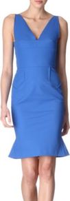 Jasper Dress - style: shift; neckline: low v-neck; fit: tailored/fitted; pattern: plain; sleeve style: sleeveless; predominant colour: royal blue; occasions: evening, work; length: just above the knee; fibres: cotton - stretch; hip detail: sculpting darts/pleats/seams at hip; sleeve length: sleeveless; texture group: cotton feel fabrics; pattern type: fabric