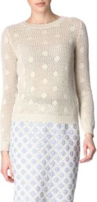 Sparkle Jumper - bust detail: sheer at bust; pattern: polka dot; style: standard; predominant colour: ivory; occasions: casual, evening, work, occasion, holiday; length: standard; fibres: wool - 100%; fit: standard fit; neckline: crew; hip detail: contrast fabric/print detail at hip; sleeve length: long sleeve; sleeve style: standard; texture group: knits/crochet; pattern type: knitted - big stitch; pattern size: light/subtle