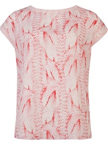 Ted Baker Joshy Cable Print Top - sleeve style: capped; style: t-shirt; back detail: contrast pattern/fabric at back; predominant colour: pink; secondary colour: blush; occasions: casual, work; length: standard; fibres: polyester/polyamide - 100%; fit: body skimming; neckline: crew; sleeve length: short sleeve; trends: statement prints; pattern type: fabric; pattern size: standard; pattern: patterned/print; texture group: jersey - stretchy/drapey