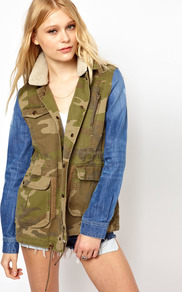 Denim And Camoflage Jacket - style: single breasted blazer; length: below the bottom; collar: standard lapel/rever collar; shoulder detail: contrast pattern/fabric at shoulder; secondary colour: denim; occasions: casual; fit: straight cut (boxy); fibres: cotton - 100%; predominant colour: multicoloured; sleeve length: long sleeve; sleeve style: standard; texture group: denim; collar break: medium; pattern type: fabric; pattern size: big & busy; pattern: patterned/print