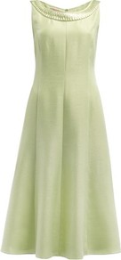 Apple Pleated Neckline Dress - length: below the knee; neckline: slash/boat neckline; pattern: plain; sleeve style: sleeveless; style: prom dress; predominant colour: pistachio; occasions: casual, occasion; fit: fitted at waist & bust; hip detail: structured pleats at hip; bust detail: contrast pattern/fabric/detail at bust; sleeve length: sleeveless; texture group: structured shiny - satin/tafetta/silk etc.; pattern type: fabric; fibres: viscose/rayon - mix
