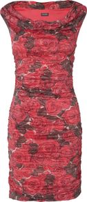 Lulu Rose Crush Dress, Raspberry - style: shift; neckline: slash/boat neckline; sleeve style: sleeveless; waist detail: twist front waist detail/nipped in at waist on one side/soft pleats/draping/ruching/gathering waist detail; bust detail: ruching/gathering/draping/layers/pintuck pleats at bust; predominant colour: true red; secondary colour: burgundy; occasions: evening, occasion; length: just above the knee; fit: body skimming; fibres: polyester/polyamide - stretch; hip detail: ruching/gathering at hip; sleeve length: sleeveless; trends: high impact florals; pattern type: fabric; pattern size: big & busy; pattern: florals; texture group: jersey - stretchy/drapey