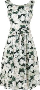 Jardin Rose Fit And Flare Dress, Green - neckline: round neck; sleeve style: sleeveless; waist detail: belted waist/tie at waist/drawstring; predominant colour: white; secondary colour: dark green; occasions: evening, occasion; length: on the knee; fit: fitted at waist & bust; style: fit & flare; fibres: cotton - 100%; sleeve length: sleeveless; texture group: cotton feel fabrics; pattern type: fabric; pattern size: big & busy; pattern: florals
