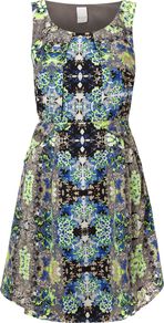 Todo Dress, Black - length: mid thigh; sleeve style: sleeveless; waist detail: fitted waist; secondary colour: lime; predominant colour: mid grey; occasions: casual, evening, occasion, holiday; fit: fitted at waist & bust; style: fit & flare; neckline: scoop; fibres: cotton - 100%; sleeve length: sleeveless; pattern type: fabric; pattern size: big & busy; pattern: patterned/print; texture group: jersey - stretchy/drapey