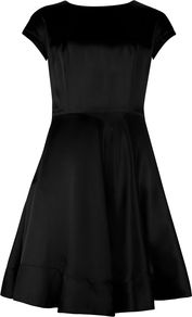 Haydaa Full Skirt Dress, Black - pattern: plain; waist detail: fitted waist; predominant colour: black; occasions: evening, occasion; length: just above the knee; fit: fitted at waist & bust; style: fit & flare; fibres: silk - 100%; neckline: crew; hip detail: soft pleats at hip/draping at hip/flared at hip; sleeve length: 3/4 length; sleeve style: standard; texture group: silky - light; pattern type: fabric