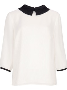 Women's Jenya Pleated Collar Top, Cream - pattern: plain; style: blouse; predominant colour: ivory; secondary colour: black; occasions: casual, evening, work; length: standard; fibres: polyester/polyamide - 100%; fit: straight cut; neckline: no opening/shirt collar/peter pan; bust detail: contrast pattern/fabric/detail at bust; back detail: keyhole/peephole detail at back; sleeve length: 3/4 length; sleeve style: standard; texture group: sheer fabrics/chiffon/organza etc.; pattern type: fabric; pattern size: standard