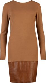 Nalaa Contrast Trim Dress, Bronze - style: t-shirt; pattern: plain; predominant colour: tan; occasions: casual, work; length: just above the knee; fit: body skimming; fibres: viscose/rayon - stretch; neckline: crew; hip detail: contrast fabric/print detail at hip; sleeve length: long sleeve; sleeve style: standard; pattern type: fabric; texture group: jersey - stretchy/drapey