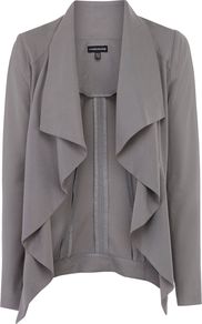 Zip Detail Drape Jacket, Dark Grey - pattern: plain; style: single breasted blazer; collar: shawl/waterfall; fit: loose; length: below the bottom; predominant colour: mid grey; occasions: casual, work; sleeve length: long sleeve; sleeve style: standard; texture group: crepes; collar break: low/open; pattern type: fabric; fibres: viscose/rayon - mix