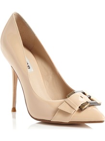 Achieve Pointed Court Shoes, Blonde - predominant colour: nude; occasions: evening, work, occasion; material: faux leather; heel height: high; embellishment: buckles; heel: stiletto; toe: pointed toe; style: courts; finish: patent; pattern: plain