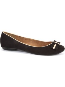 Black Cream Trim Ballet Pumps - secondary colour: white; predominant colour: black; occasions: casual, work; material: faux leather; heel height: flat; toe: round toe; style: ballerinas / pumps; finish: plain; pattern: plain; embellishment: bow