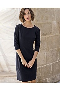 Shift Dress - style: shift; neckline: round neck; fit: fitted at waist; pattern: plain; predominant colour: navy; occasions: evening, work; length: just above the knee; fibres: polyester/polyamide - stretch; sleeve length: 3/4 length; sleeve style: standard; pattern type: fabric; texture group: other - light to midweight