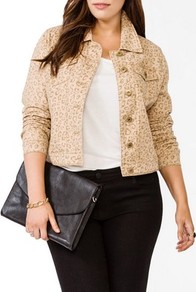 Leopard Print Denim Jacket - style: denim; fit: slim fit; predominant colour: camel; occasions: casual; length: standard; fibres: cotton - stretch; collar: shirt collar/peter pan/zip with opening; sleeve length: long sleeve; sleeve style: standard; texture group: denim; collar break: high/illusion of break when open; pattern type: fabric; pattern size: standard; pattern: animal print