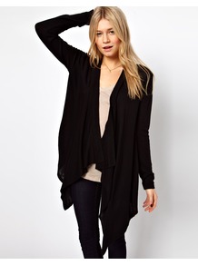 Waterfall Cardigan - pattern: plain; neckline: waterfall neck; length: below the bottom; style: open front; predominant colour: black; occasions: casual; fibres: acrylic - 100%; fit: loose; sleeve length: long sleeve; sleeve style: standard; texture group: knits/crochet; pattern type: knitted - fine stitch