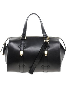 Black Hard Leather Bowler Bag - predominant colour: black; occasions: casual, evening, work; type of pattern: standard; style: bowling; length: handle; size: standard; material: leather; pattern: plain; finish: plain