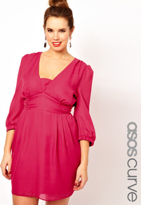 Curve Tulip Dress With Ruched Band - length: mid thigh; neckline: low v-neck; fit: fitted at waist; pattern: plain; style: tulip; sleeve style: balloon; bust detail: ruching/gathering/draping/layers/pintuck pleats at bust; predominant colour: pink; occasions: casual, evening, occasion; fibres: polyester/polyamide - 100%; hip detail: soft pleats at hip/draping at hip/flared at hip; back detail: keyhole/peephole detail at back; sleeve length: 3/4 length; texture group: sheer fabrics/chiffon/organza etc.; pattern type: fabric