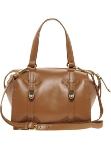 Tan Mini Hard Leather Bowler Bag - predominant colour: tan; occasions: casual, evening, work; type of pattern: standard; style: bowling; length: handle; size: standard; material: leather; pattern: plain; finish: plain