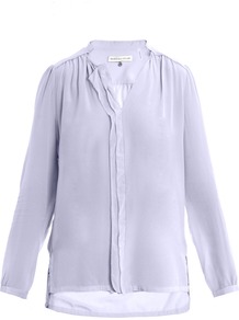 Ruffle Silk Blouse - pattern: plain; style: blouse; predominant colour: lilac; occasions: casual, work; length: standard; neckline: collarstand & mandarin with v-neck; fibres: silk - 100%; fit: straight cut; sleeve length: long sleeve; sleeve style: standard; texture group: sheer fabrics/chiffon/organza etc.; pattern type: fabric