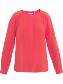 Henley Silk Blouse - neckline: round neck; pattern: plain; style: blouse; predominant colour: coral; occasions: casual; length: standard; fibres: silk - 100%; fit: straight cut; sleeve length: long sleeve; sleeve style: standard; texture group: crepes; pattern type: fabric